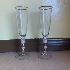 Fluted Champagne Glasses Italy Gold Trim Bulbous Stem - Set of 2